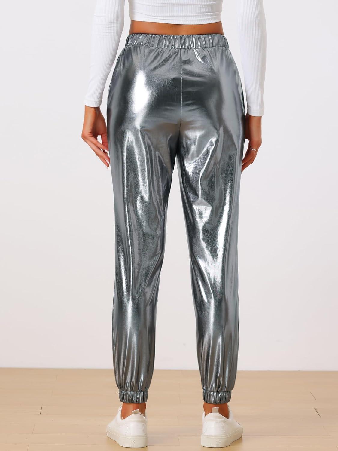 imageAllegra K Womens Metallic Trousers Christmas Shiny Sparkle Elastic Waist Holographic PantsSilver Grey