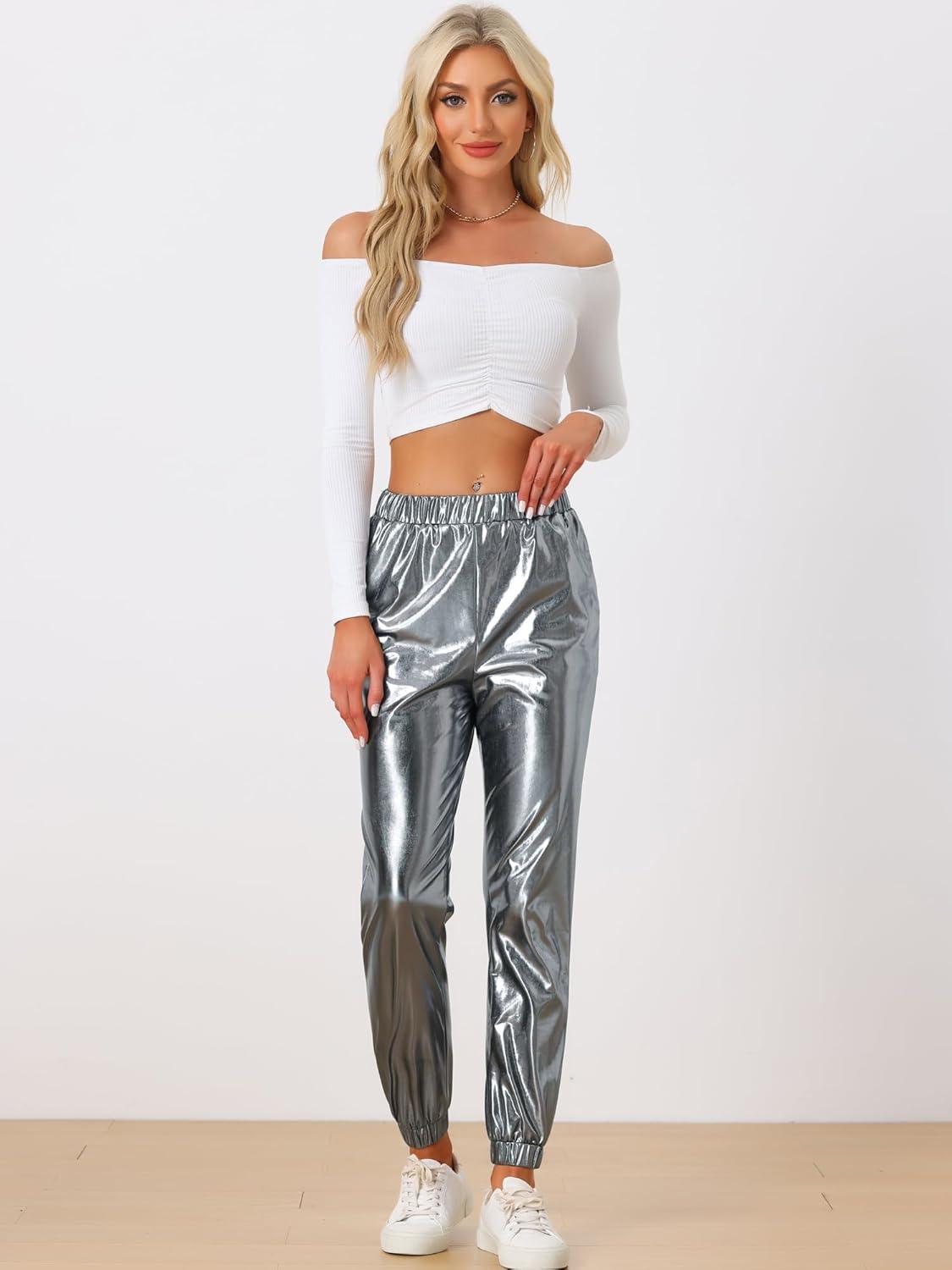 imageAllegra K Womens Metallic Trousers Christmas Shiny Sparkle Elastic Waist Holographic PantsSilver Grey