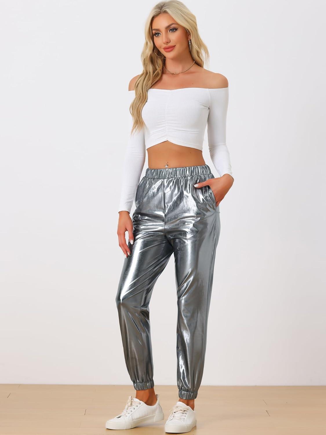 imageAllegra K Womens Metallic Trousers Christmas Shiny Sparkle Elastic Waist Holographic PantsSilver Grey