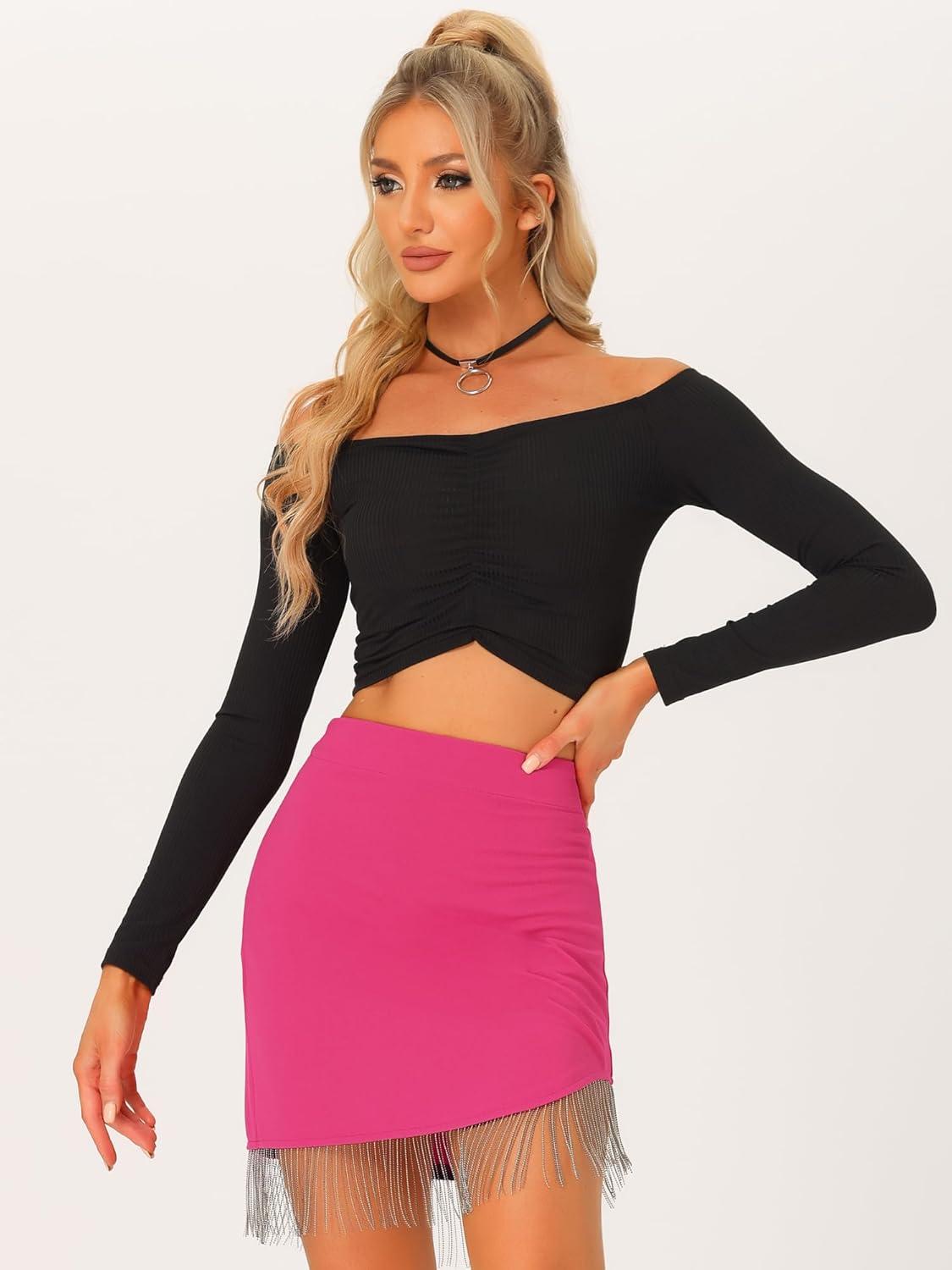 imageAllegra K Womens Rhinestone Fringe Trim Bodycon Skirt High Waisted Asymmetrical Hem Party SkirtsHot Pink