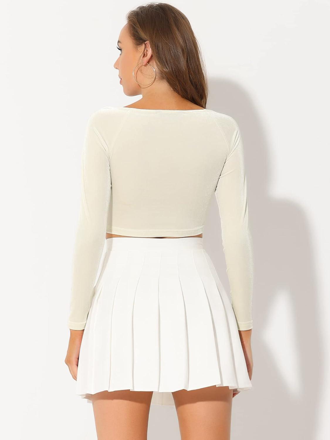 imageAllegra K Womens Velvet Long Sleeve Off Shoulder Solid Crop TopBeige
