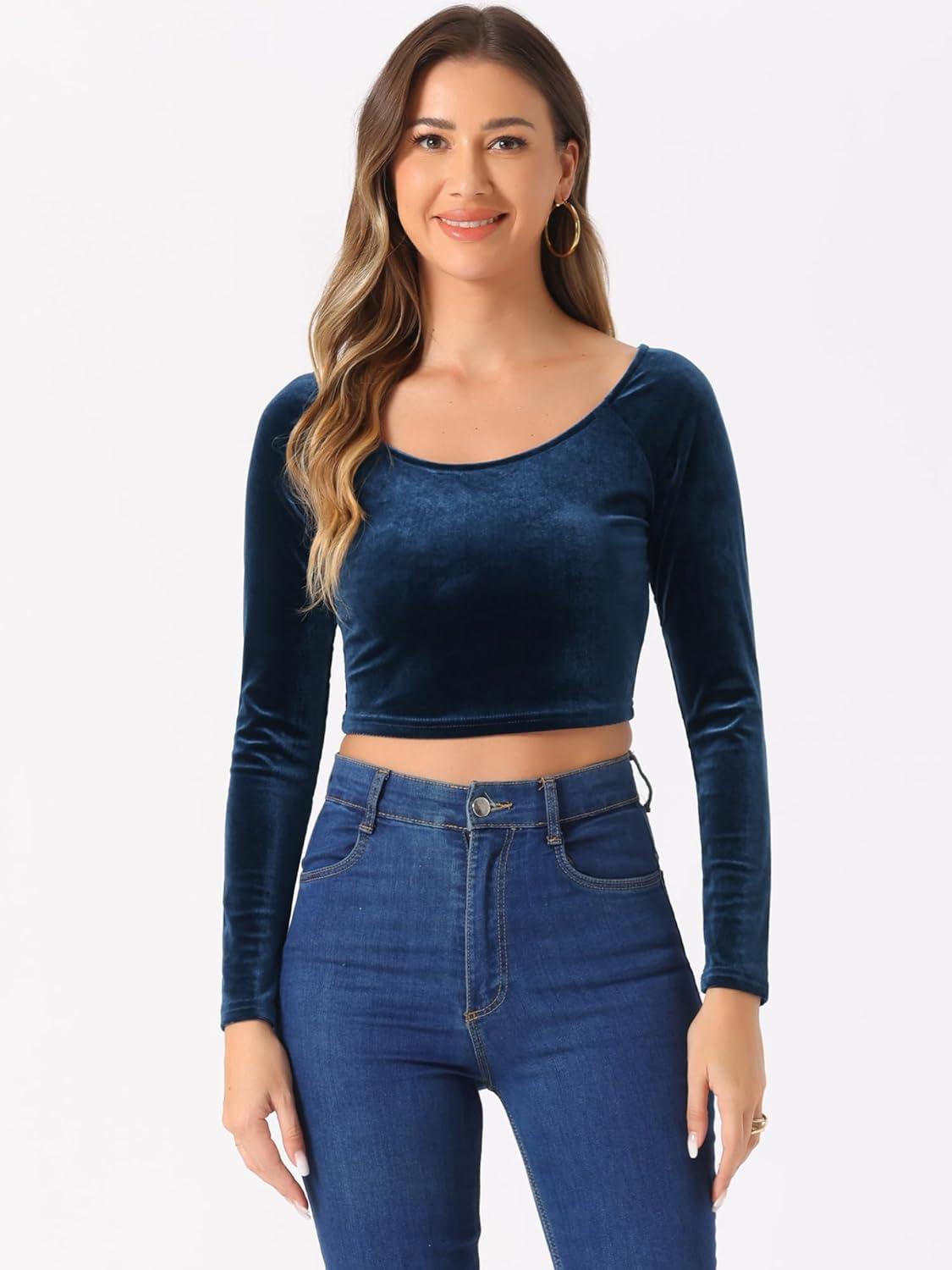 imageAllegra K Womens Velvet Long Sleeve Off Shoulder Solid Crop TopDark Blue