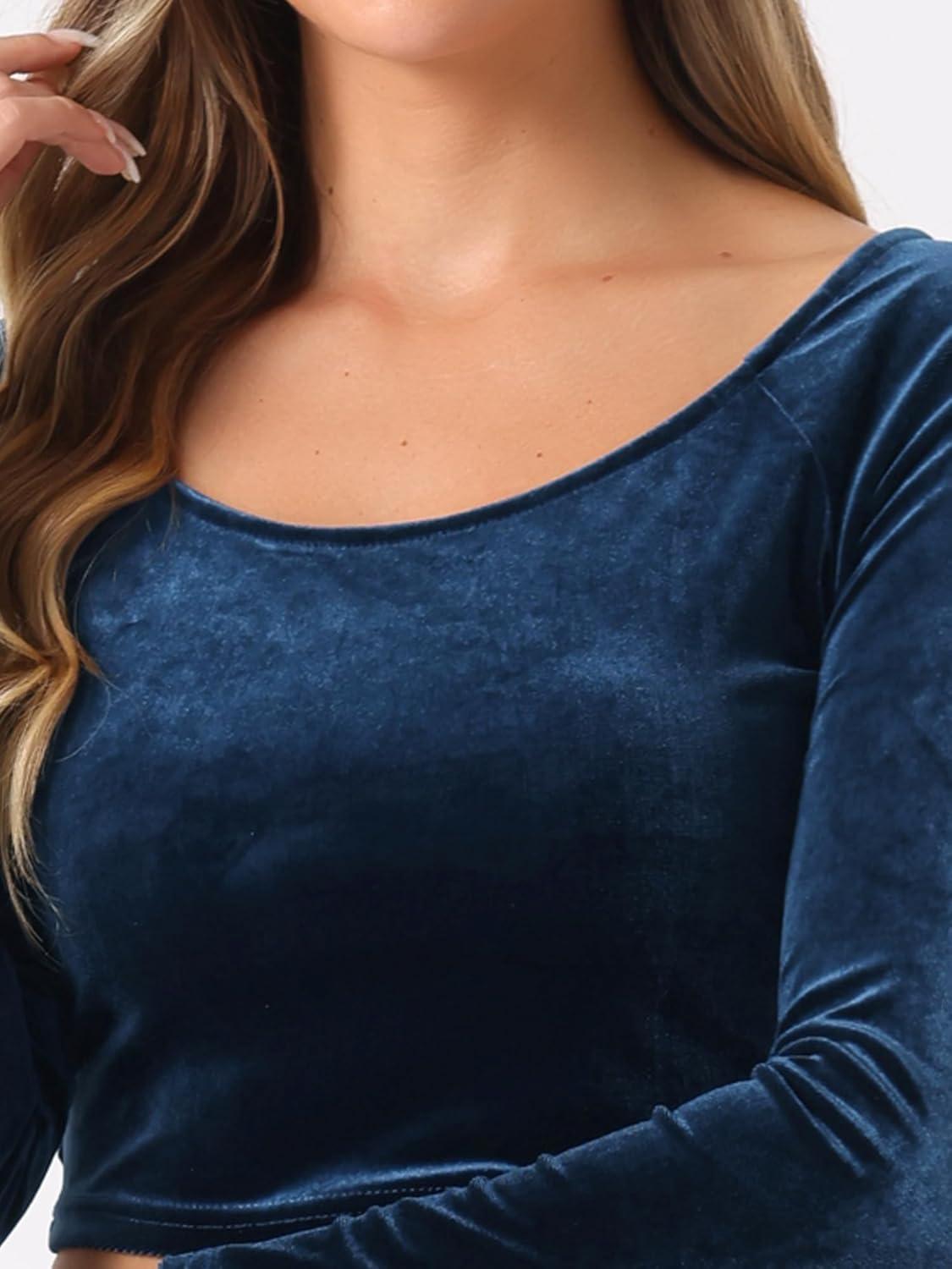 imageAllegra K Womens Velvet Long Sleeve Off Shoulder Solid Crop TopDark Blue