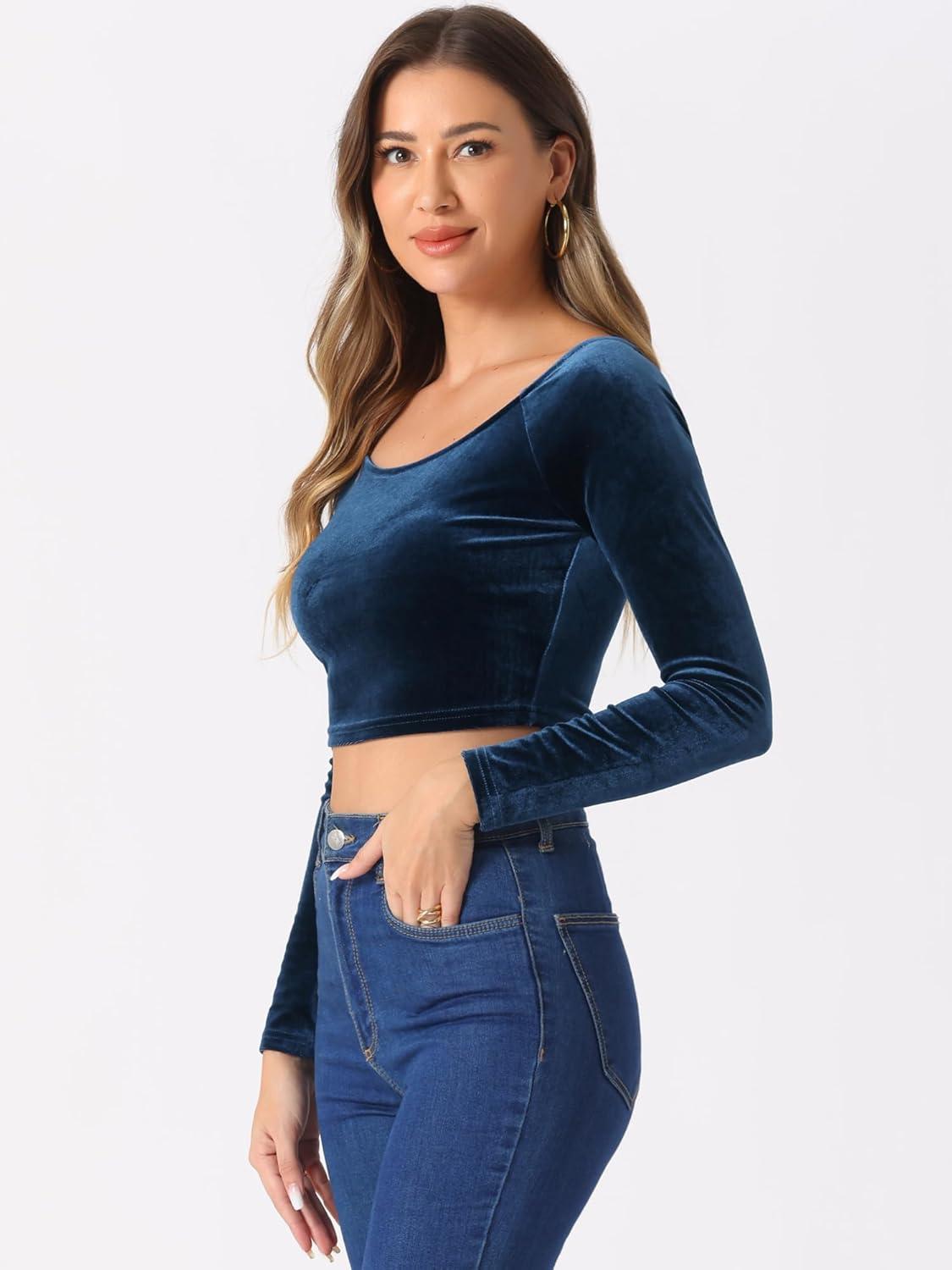imageAllegra K Womens Velvet Long Sleeve Off Shoulder Solid Crop TopDark Blue