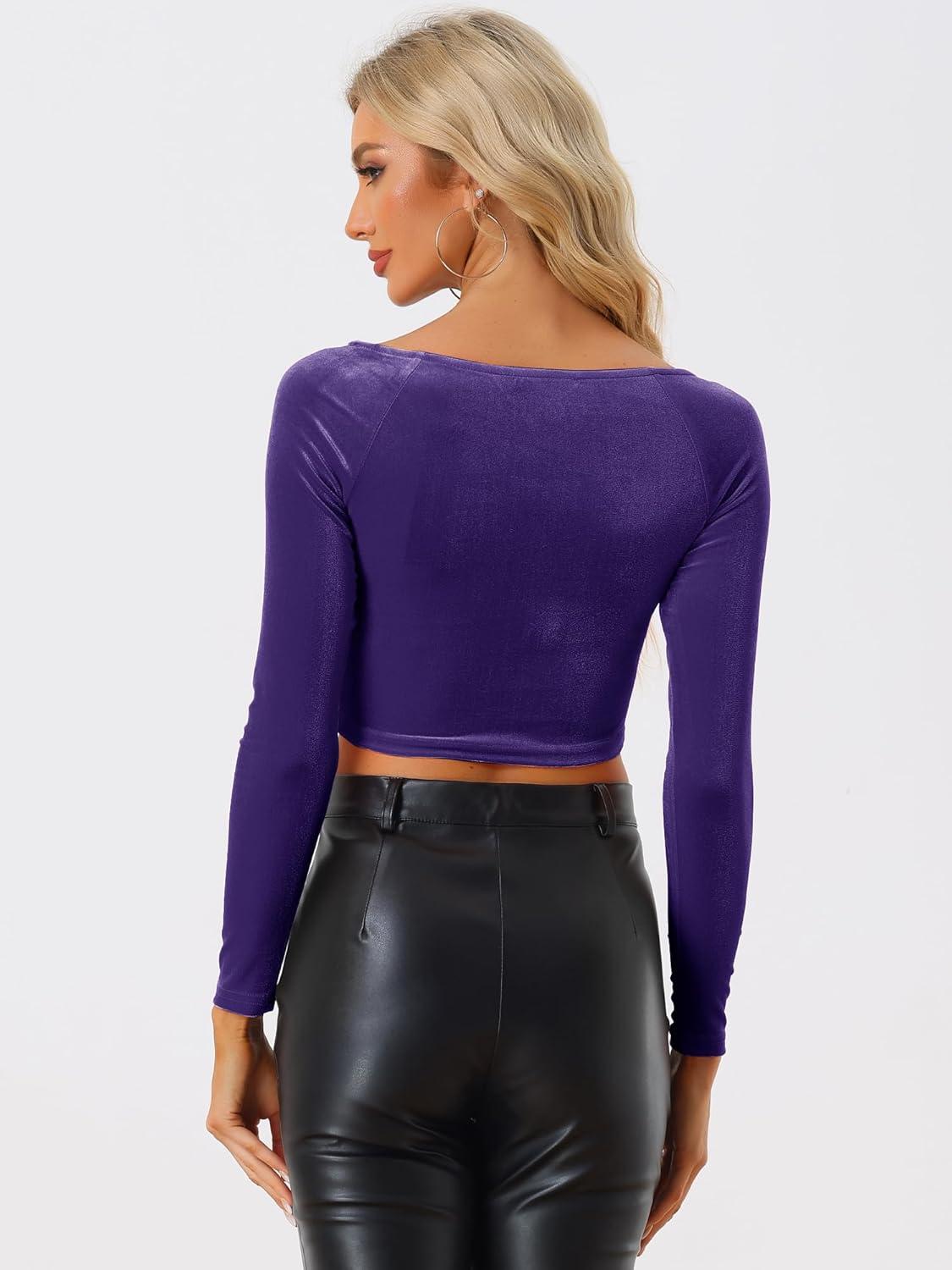 imageAllegra K Womens Velvet Long Sleeve Off Shoulder Solid Crop TopDark Purple
