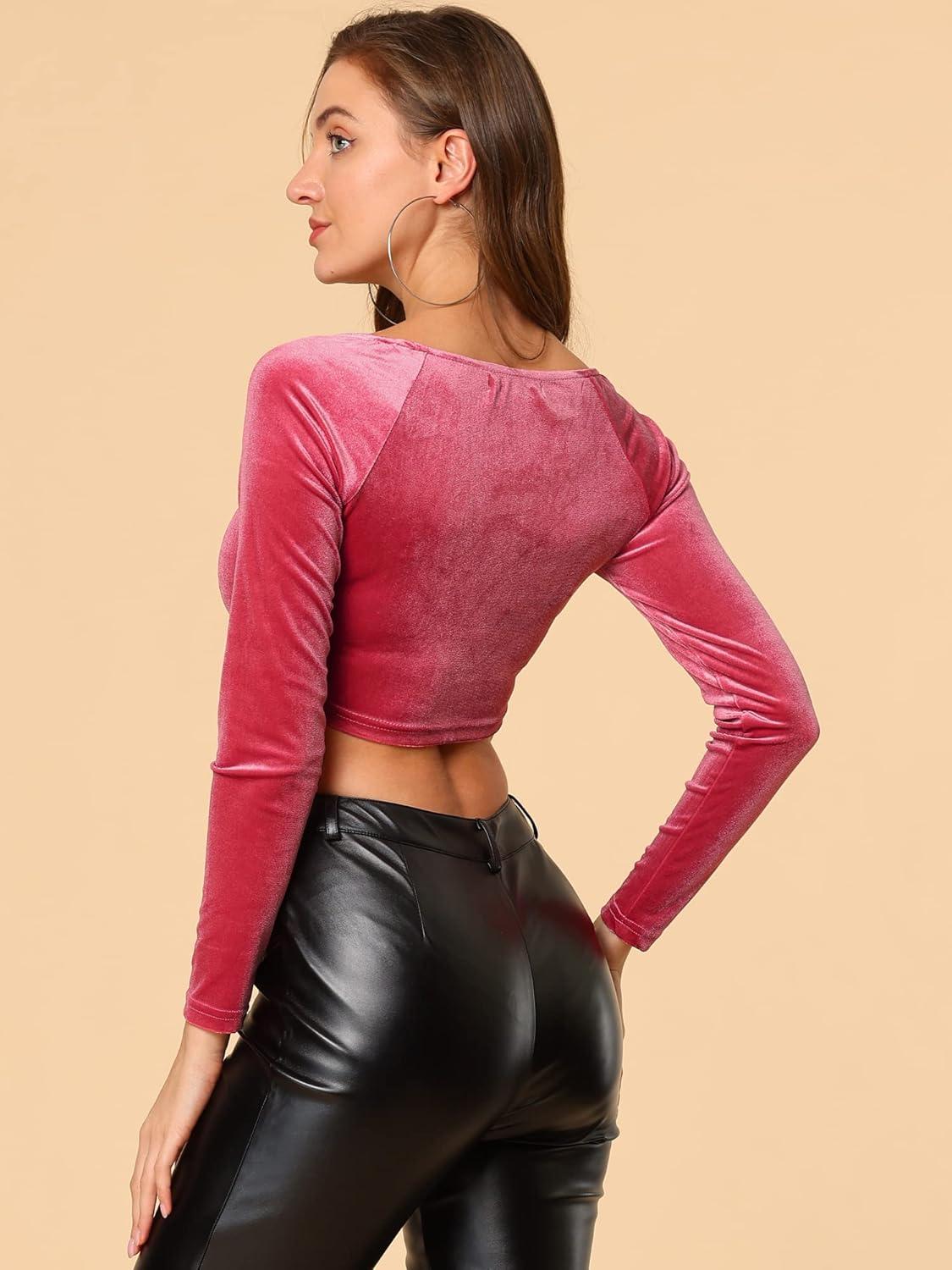 imageAllegra K Womens Velvet Long Sleeve Off Shoulder Solid Crop TopFushcia