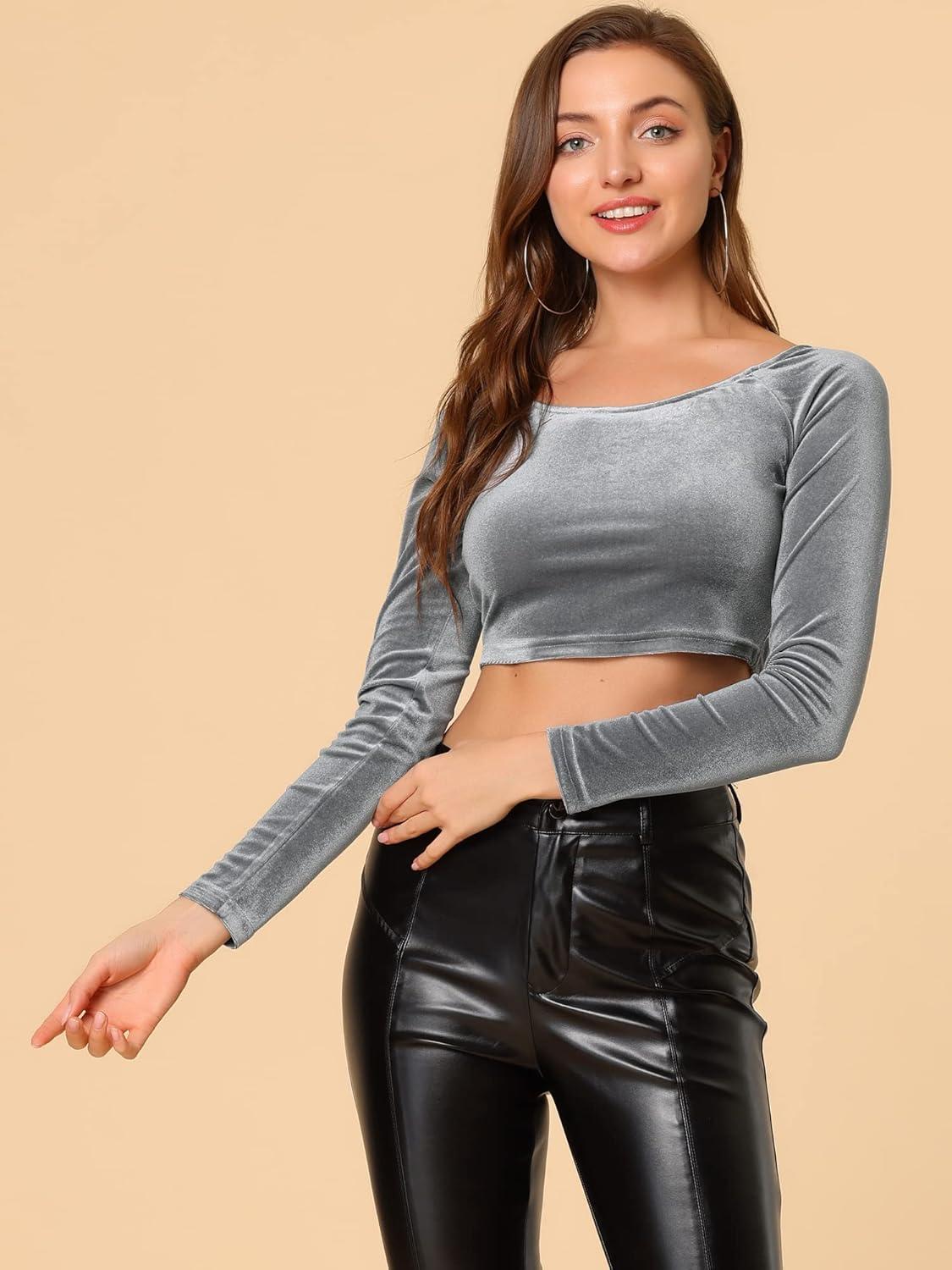 imageAllegra K Womens Velvet Long Sleeve Off Shoulder Solid Crop TopGrey