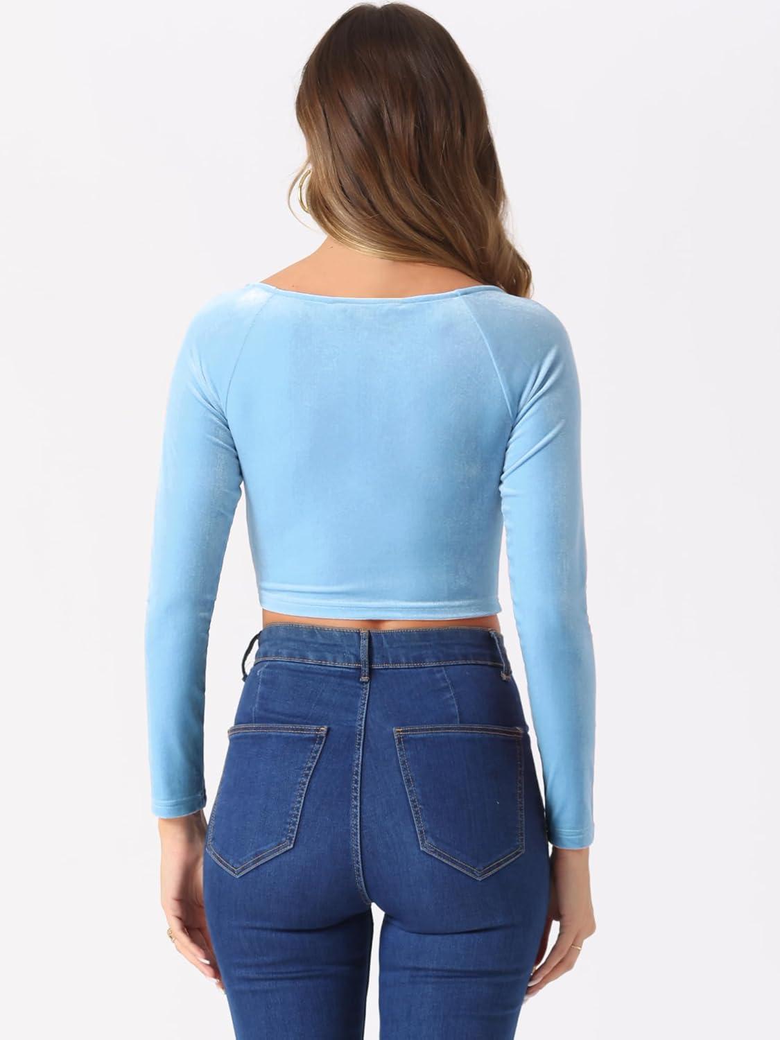 imageAllegra K Womens Velvet Long Sleeve Off Shoulder Solid Crop TopLight Blue