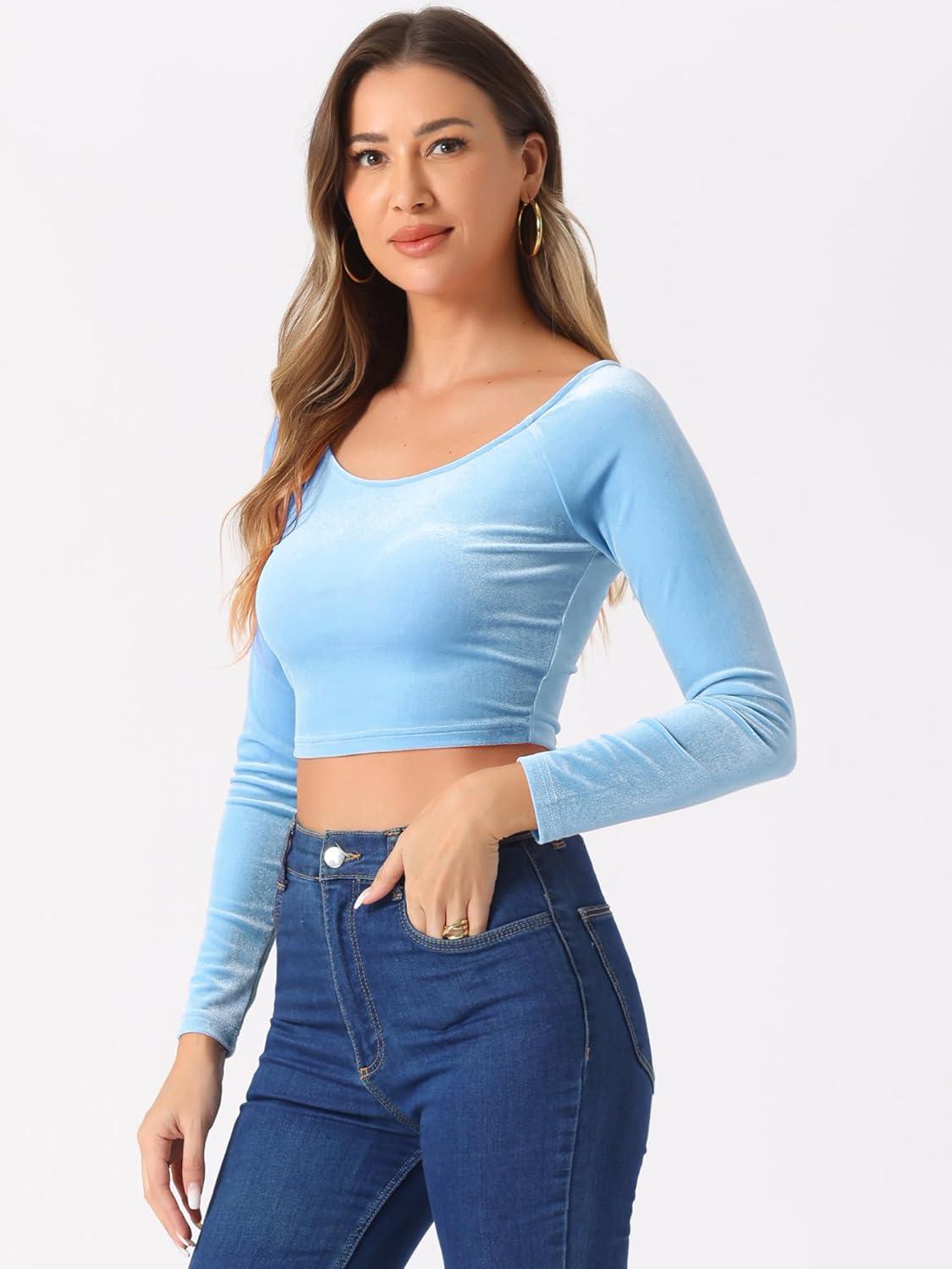 imageAllegra K Womens Velvet Long Sleeve Off Shoulder Solid Crop TopLight Blue