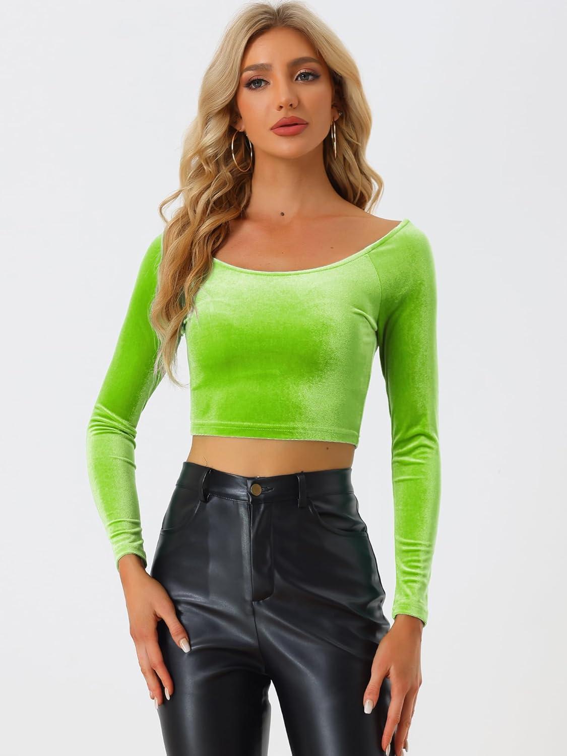 imageAllegra K Womens Velvet Long Sleeve Off Shoulder Solid Crop TopLight Green