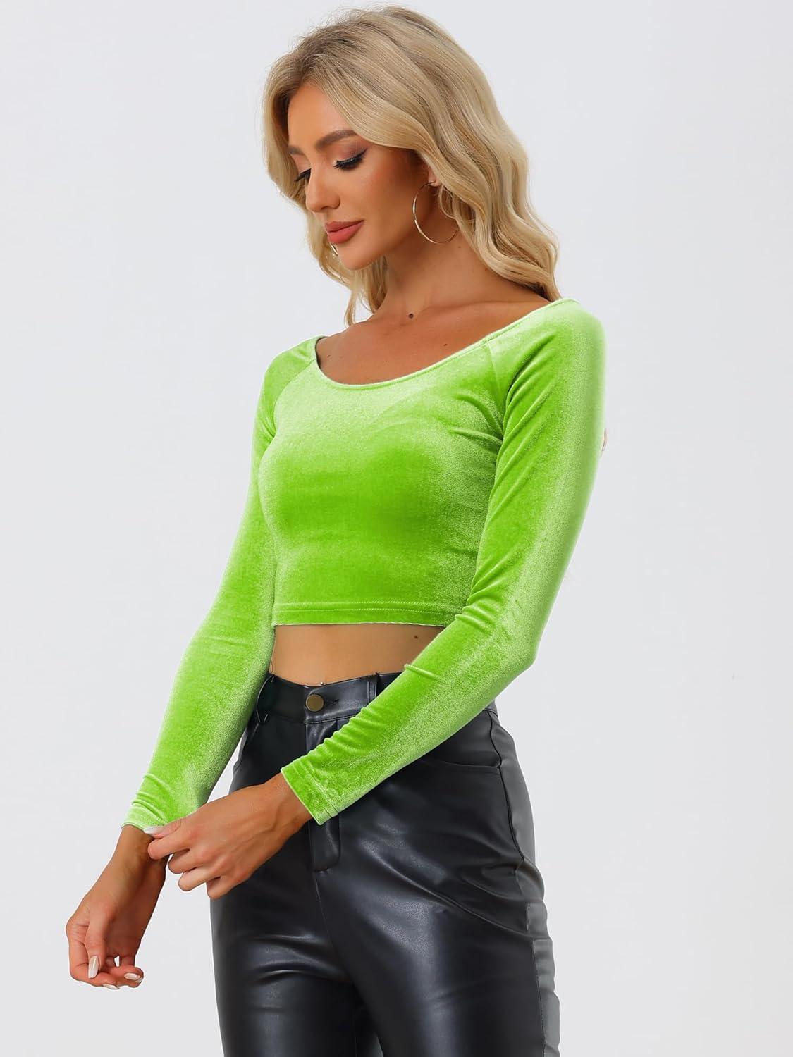 imageAllegra K Womens Velvet Long Sleeve Off Shoulder Solid Crop TopLight Green