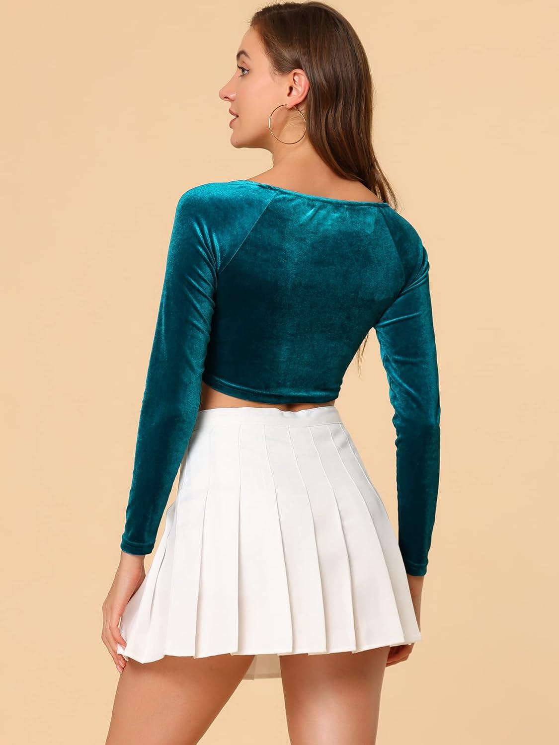 imageAllegra K Womens Velvet Long Sleeve Off Shoulder Solid Crop TopPeacock Blue