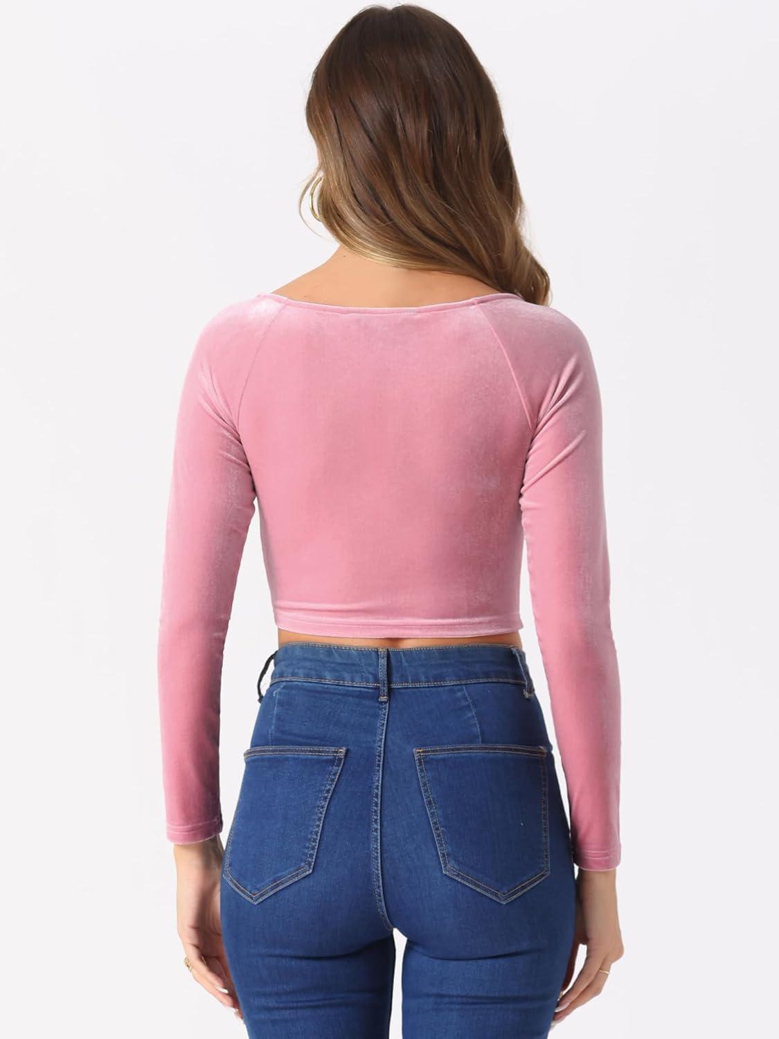 imageAllegra K Womens Velvet Long Sleeve Off Shoulder Solid Crop TopPink