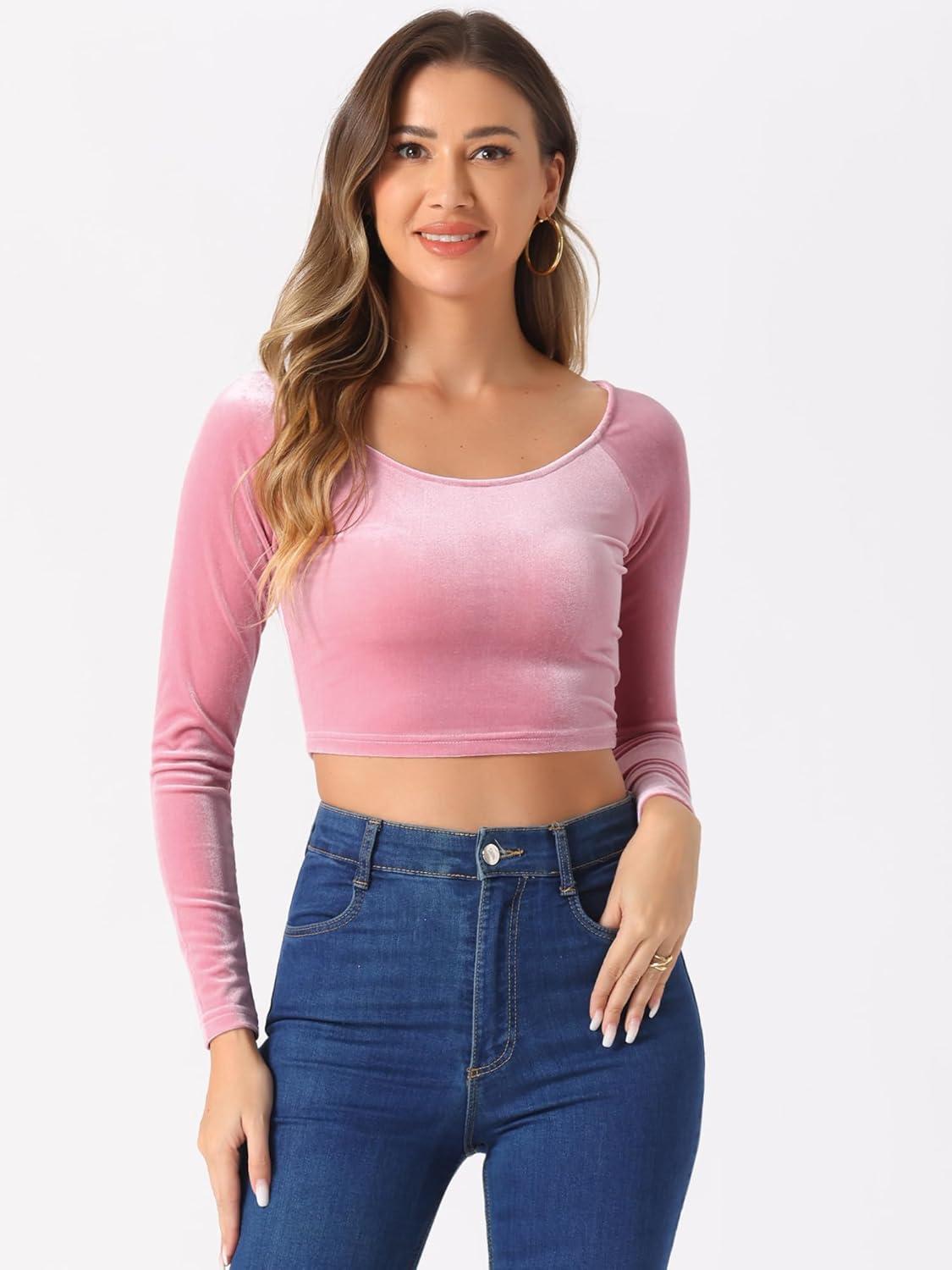 imageAllegra K Womens Velvet Long Sleeve Off Shoulder Solid Crop TopPink