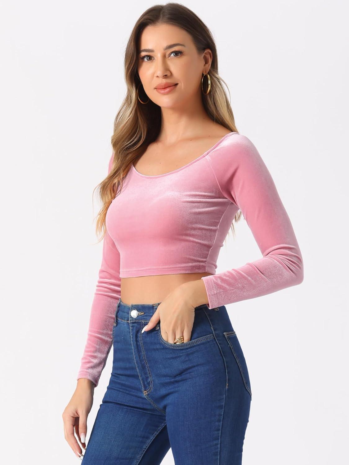 imageAllegra K Womens Velvet Long Sleeve Off Shoulder Solid Crop TopPink