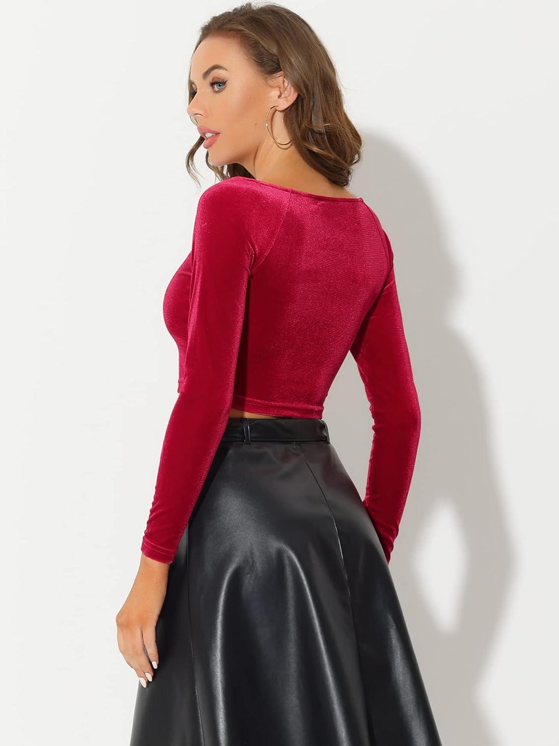 imageAllegra K Womens Velvet Long Sleeve Off Shoulder Solid Crop TopRed