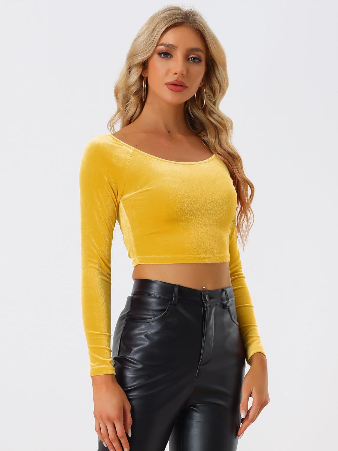 imageAllegra K Womens Velvet Long Sleeve Off Shoulder Solid Crop TopYellow