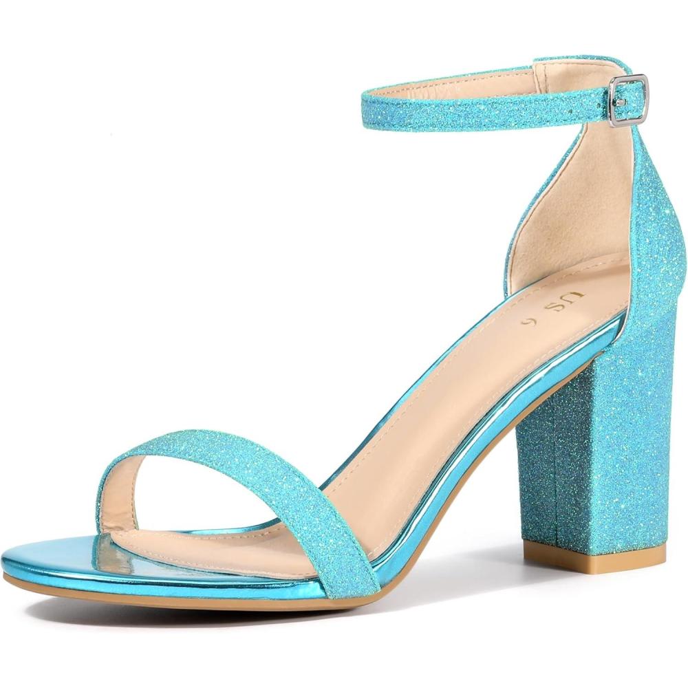 imageAllegra K Womens Glitter Ankle Strap Chunky Heels SandalsBlue