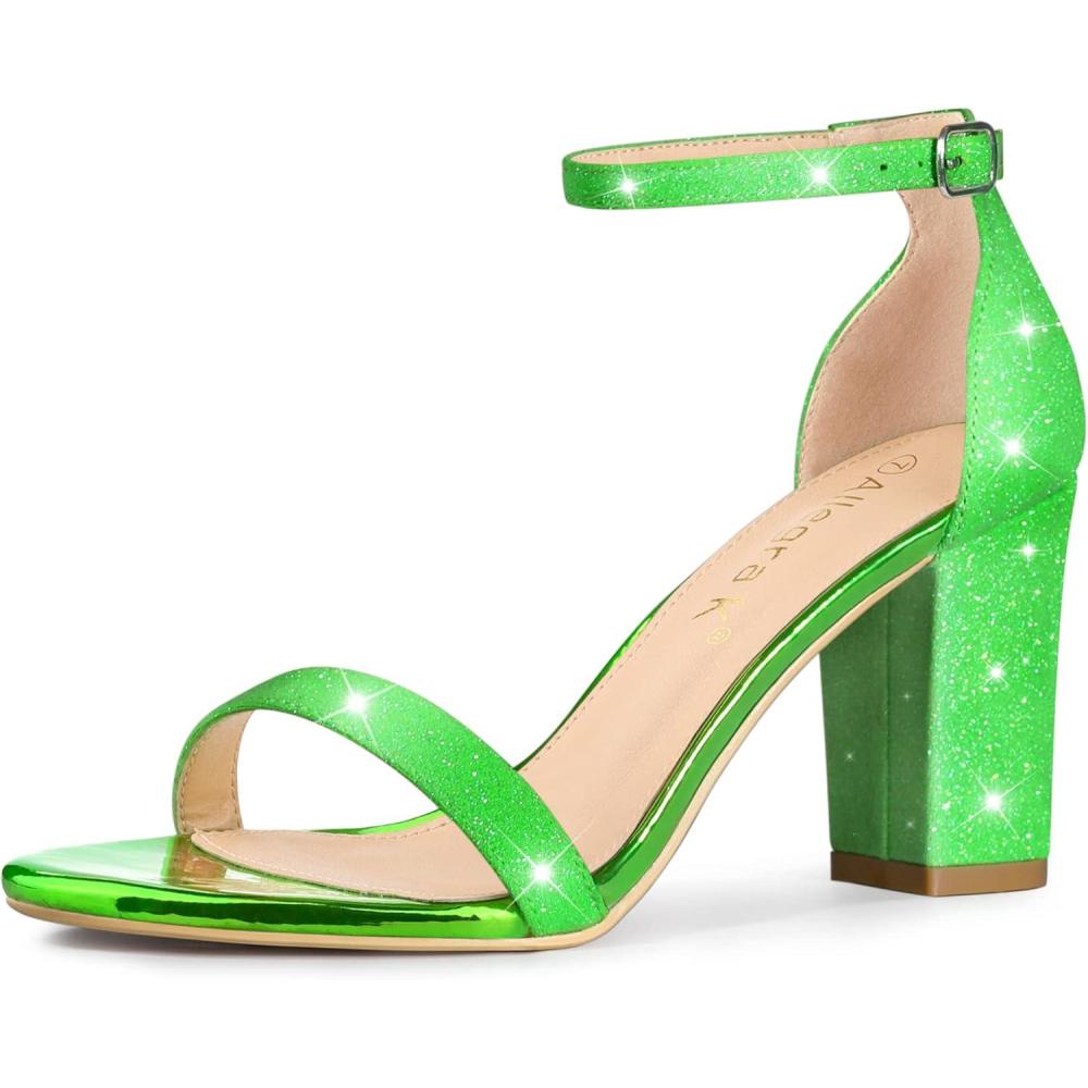 imageAllegra K Womens Glitter Ankle Strap Chunky Heels SandalsLime Green