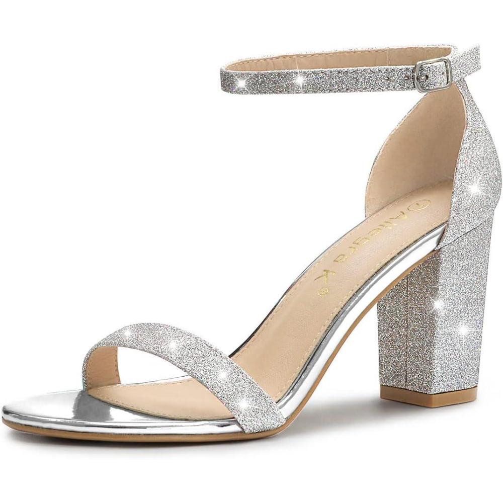 imageAllegra K Womens Glitter Ankle Strap Chunky Heels SandalsSilver