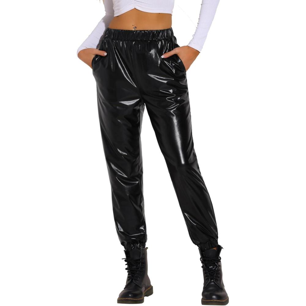 imageAllegra K Womens Metallic Trousers Christmas Shiny Sparkle Elastic Waist Holographic PantsBlack