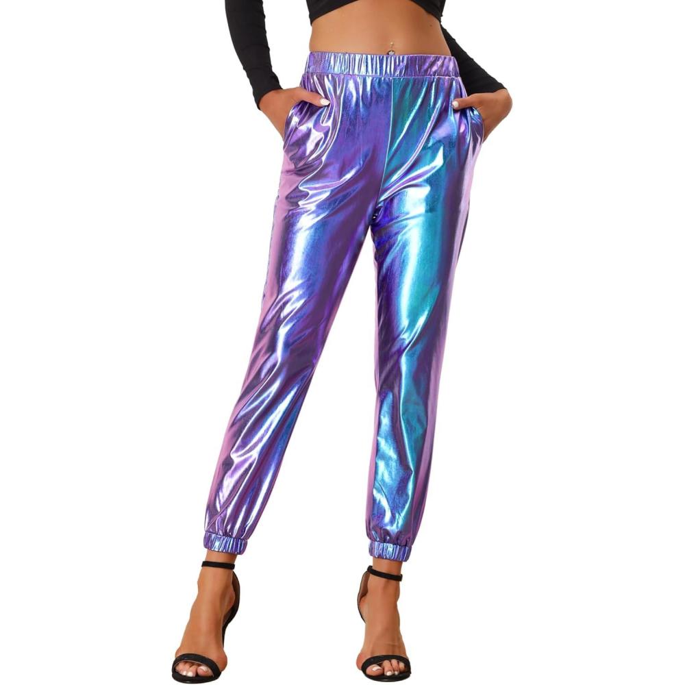 imageAllegra K Womens Metallic Trousers Christmas Shiny Sparkle Elastic Waist Holographic PantsBlue Purple