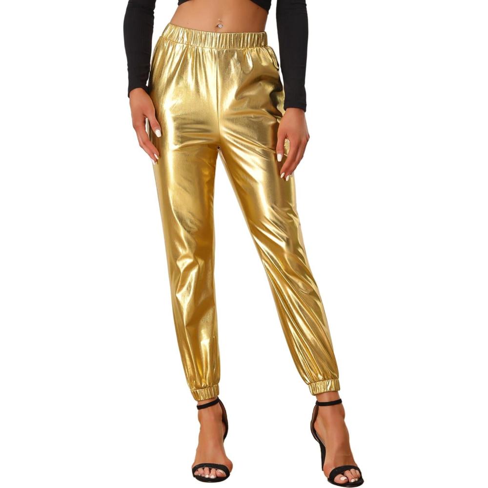 imageAllegra K Womens Metallic Trousers Christmas Shiny Sparkle Elastic Waist Holographic PantsChampagne Gold