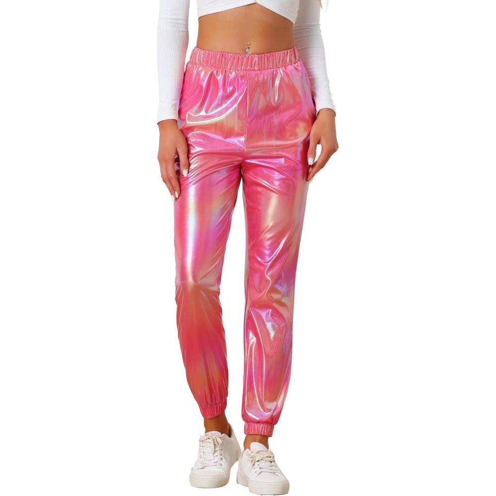 imageAllegra K Womens Metallic Trousers Christmas Shiny Sparkle Elastic Waist Holographic PantsHolographic Pink
