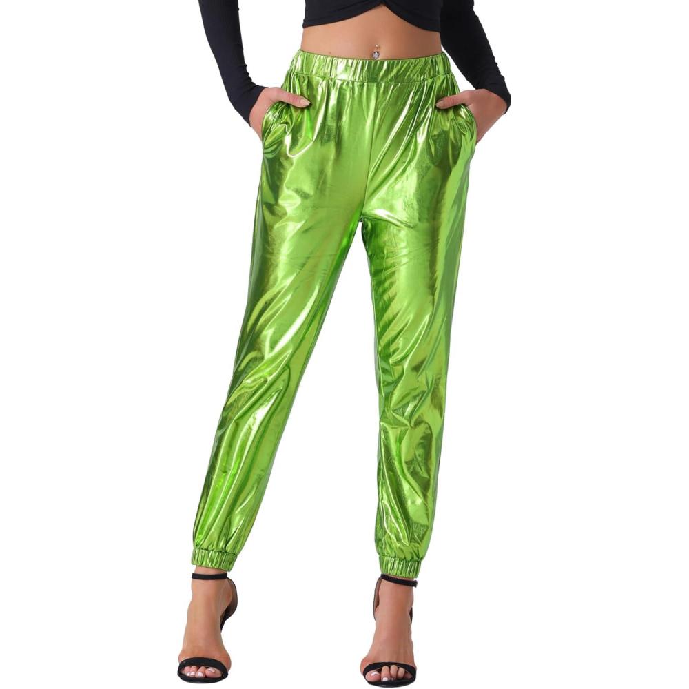 imageAllegra K Womens Metallic Trousers Christmas Shiny Sparkle Elastic Waist Holographic PantsShiny Green