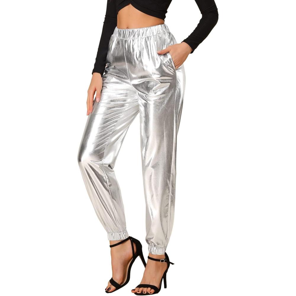 imageAllegra K Womens Metallic Trousers Christmas Shiny Sparkle Elastic Waist Holographic PantsSilver