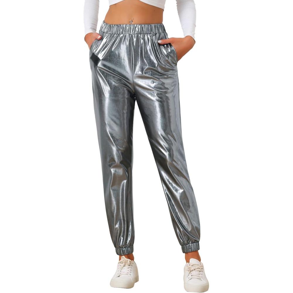 imageAllegra K Womens Metallic Trousers Christmas Shiny Sparkle Elastic Waist Holographic PantsSilver Grey
