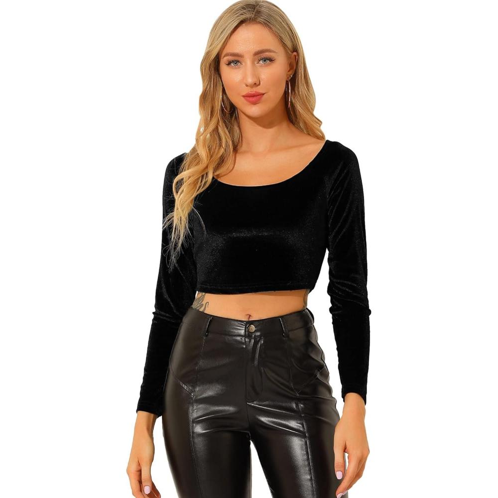 imageAllegra K Womens Velvet Long Sleeve Off Shoulder Solid Crop TopBlack