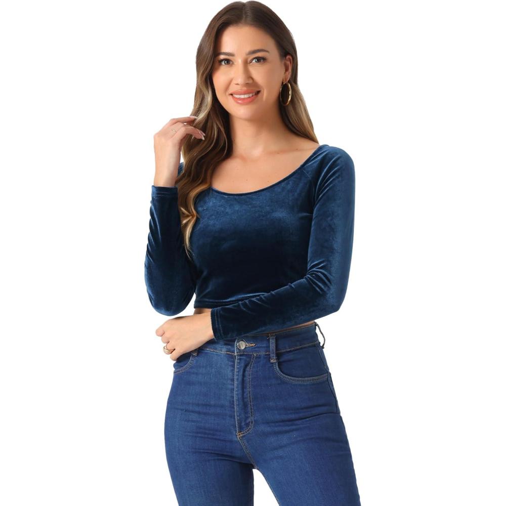 imageAllegra K Womens Velvet Long Sleeve Off Shoulder Solid Crop TopDark Blue