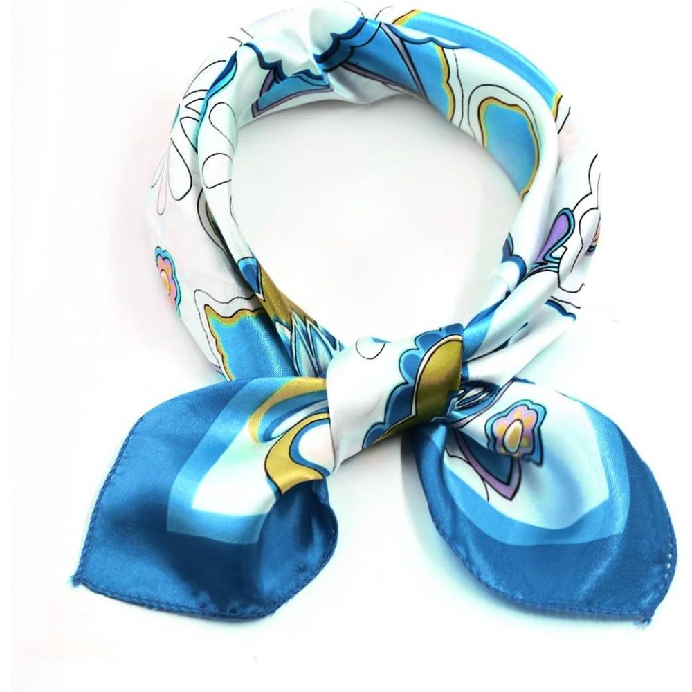 imageuxcell Women Square Scarf Scarves Leopard Printed Striped Polka Dots Pattern Kerchief NeckerchiefBlue White Flower