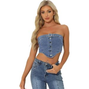 imageAllegra K Denim Crop Tube Top for Womens Strapless Sleeveless Button Corset TopLight Blue