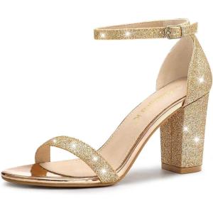 imageAllegra K Womens Glitter Ankle Strap Chunky Heels SandalsGold