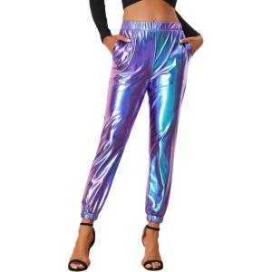 imageAllegra K Womens Metallic Trousers Christmas Shiny Sparkle Elastic Waist Holographic PantsBlue Purple
