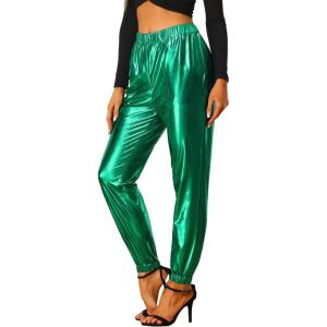 imageAllegra K Womens Metallic Trousers Christmas Shiny Sparkle Elastic Waist Holographic PantsGreen