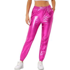 imageAllegra K Womens Metallic Trousers Christmas Shiny Sparkle Elastic Waist Holographic PantsHot Pink