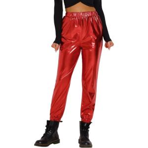 imageAllegra K Womens Metallic Trousers Christmas Shiny Sparkle Elastic Waist Holographic PantsRed