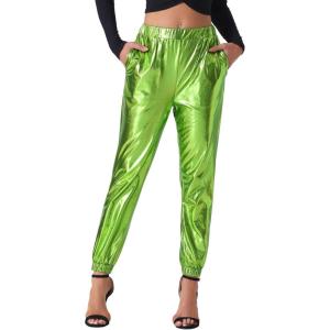imageAllegra K Womens Metallic Trousers Christmas Shiny Sparkle Elastic Waist Holographic PantsShiny Green