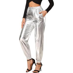 imageAllegra K Womens Metallic Trousers Christmas Shiny Sparkle Elastic Waist Holographic PantsSilver