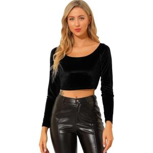 imageAllegra K Womens Velvet Long Sleeve Off Shoulder Solid Crop TopBlack