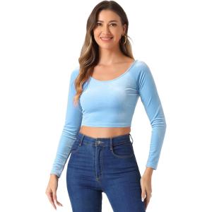 imageAllegra K Womens Velvet Long Sleeve Off Shoulder Solid Crop TopLight Blue