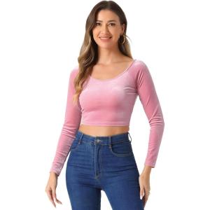 imageAllegra K Womens Velvet Long Sleeve Off Shoulder Solid Crop TopPink