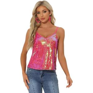 imageAllegra K Womens Sequined Shining Camisole Club Party Glitter Disco Sparkle Cami TopPink Holographic