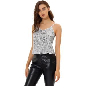 imageAllegra K Womens Sequined Shining Camisole Club Party Glitter Disco Sparkle Cami TopSilver White