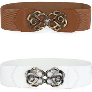 imageAllegra K Womens Elastic Belts Metal Interlocking Buckle Stretchy BeltsWhite  Brown