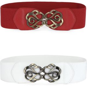 imageAllegra K Womens Elastic Belts Metal Interlocking Buckle Stretchy BeltsWhite  Red