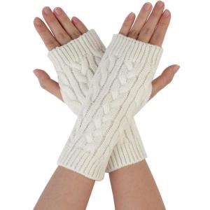 imageAllegra K Womens Ribbed Wrist Arm Warmers Stretchy Cable Knitted Fingerless GlovesWhite